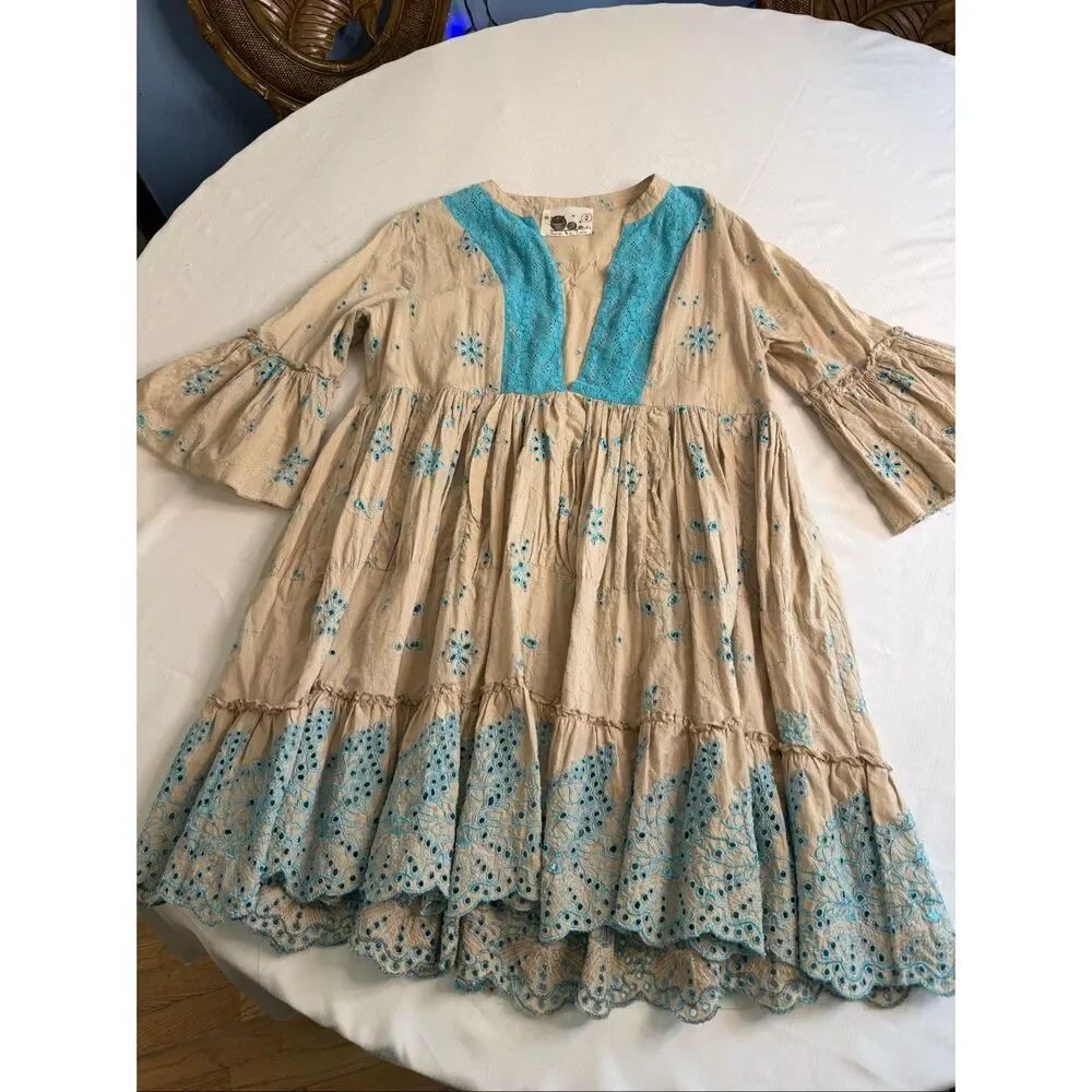 Peace + Love Owls Hippie Boho Beige Turquoise Eyelet Dress Size Medium